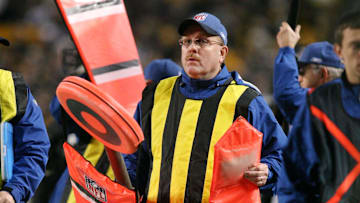 November 6, 2011; Pittsburgh,PA, USA: The chain gang moves the sticks on a change of downs during the Pittsburgh Steelers and the Baltimore Ravens game at Heinz Field. The Ravens won 23-20. Mandatory Credit: Charles LeClaire-USPRESSWIRE