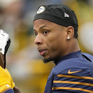 Green Bay Packers receiver Matthew Golden (0) warms up before a game against the Carolina Panthers at Lambeau Field. 