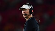 Sep 20, 2025; Los Angeles, California, USA; Southern California Trojans head coach Lincoln Riley watches game action against the Michigan State Spartans during the second half at the Los Angeles Memorial Coliseum. Mandatory Credit: Gary A. Vasquez-Imagn Images