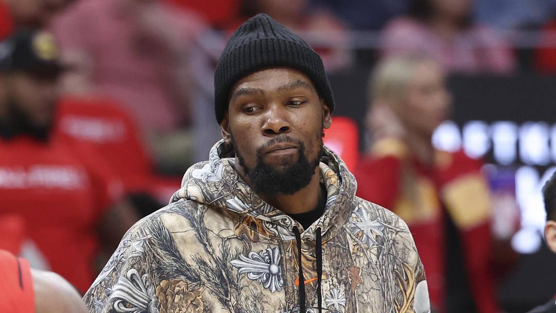 Apr 26, 2026; Houston, Texas, USA; Houston Rockets forward Kevin Durant stands on the sideline during the first quarter against the Los Angeles Lakers during game four of the first round of the 2026 NBA Playoffs at Toyota Center. Mandatory Credit: Troy Taormina-Imagn Images