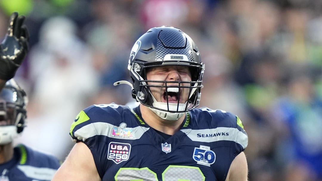 Seattle Seahawks defensive tackle Rylie Mills reacts after sacking New England Patriots quarterback Drake Maye. Seattle Seahawks defensive tackle Rylie Mills reacts after sacking New England Patriots quarterback Drake Maye.