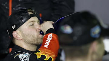 Feb 16, 2025; Daytona Beach, Florida, USA; NASCAR Cup Series driver William Byron (24) reacts after winning the Daytona 500 at Daytona International Speedway.