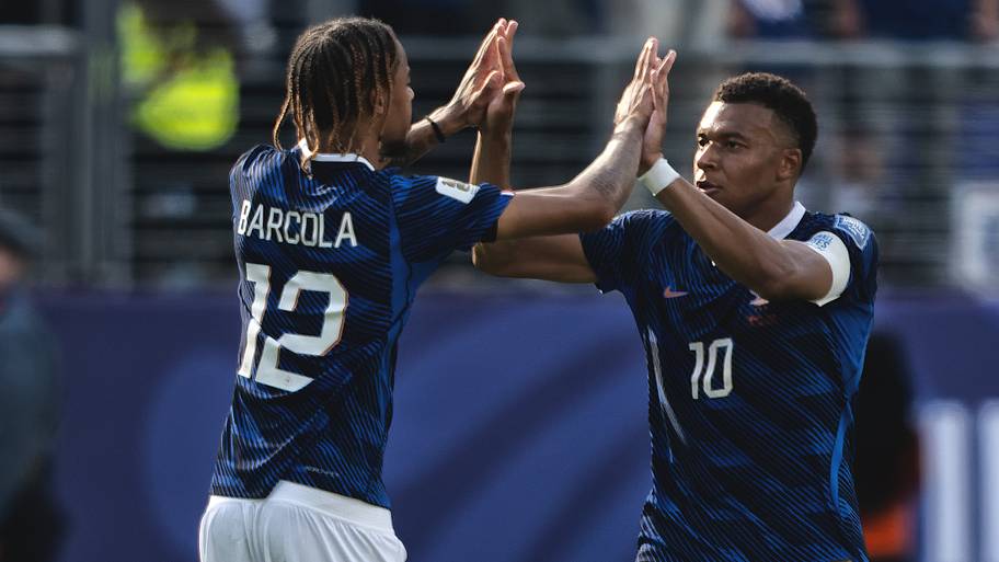 France’s Bradley Barcola and Kylian Mbappe