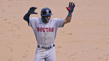 Jun 9, 2024; Chicago, Illinois, USA; Boston Red Sox shortstop David Hamilton (70) gestures after hitting double against the Chicago White Sox during the ninth inning at Guaranteed Rate Field. Mandatory Credit: David Banks-USA TODAY Sports