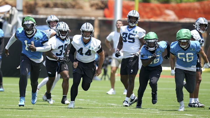 Jun 11, 2025; Charlotte, NC, USA; Carolina Panthers linebacker Nic Scourton (11), cornerback Mike Reid (35), long snapper JJ Jansen (44), tight end James Mitchell (85), safety Demani Richardson (36) and linebacker Christian Rozeboom (56) hustle to the ball during minicamp at Bank of America Stadium. Jun 11, 2025; Charlotte, NC, USA; Carolina Panthers linebacker Nic Scourton (11), cornerback Mike Reid (35), long snapper JJ Jansen (44), tight end James Mitchell (85), safety Demani Richardson (36) and linebacker Christian Rozeboom (56) hustle to the ball during minicamp at Bank of America Stadium.
