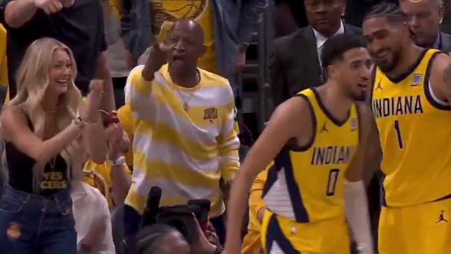 Tyrese Haliburton and his father celebrate a bucket in Game 4 of the NBA Finals. | NBA on ESPN