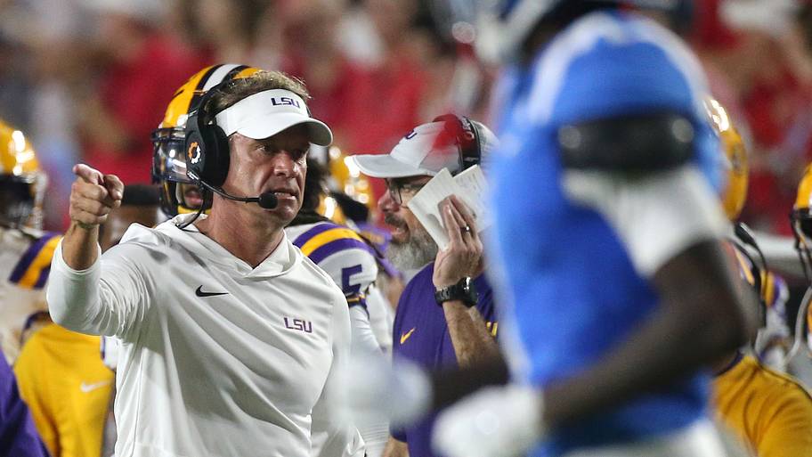 Louisiana State Tigers head coach Lane Kiffin reacts after a play against the Mississippi Rebels.