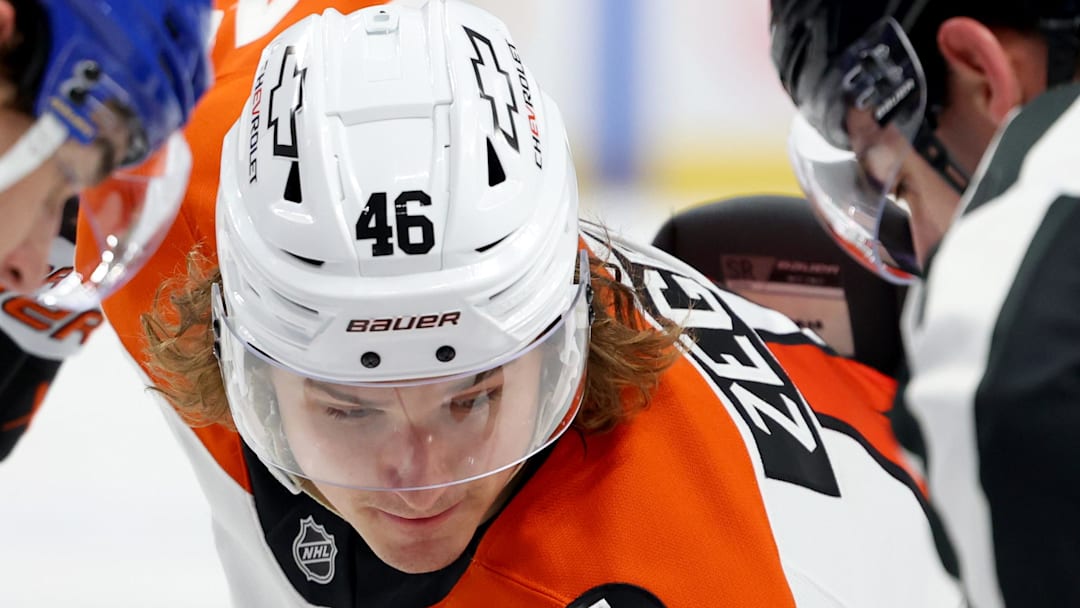 Jan 14, 2026; Buffalo, New York, USA;  Philadelphia Flyers center Trevor Zegras (46) waits for the puck drop during the third period against the Buffalo Sabres at KeyBank Center.