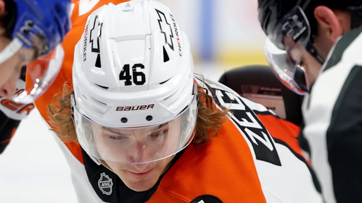 Jan 14, 2026; Buffalo, New York, USA;  Philadelphia Flyers center Trevor Zegras (46) waits for the puck drop during the third period against the Buffalo Sabres at KeyBank Center.