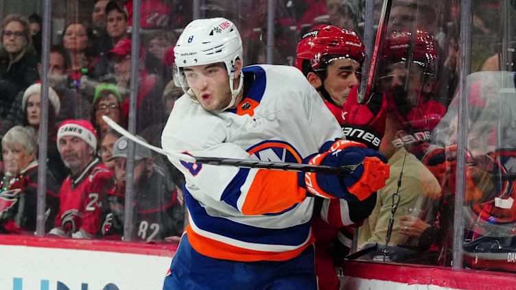 Dec 23, 2023; Raleigh, North Carolina, USA; New York Islanders defenseman Noah Dobson (8) checks