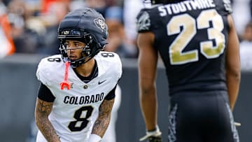 Apr 19, 2025; Boulder, CO, USA; Colorado Buffaloes wide receiver Joseph Williams (8) and safety Carter Stoutmire (23) during the spring game at Folsom Field. Mandatory Credit: Isaiah J. Downing-Imagn Images