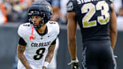 Apr 19, 2025; Boulder, CO, USA; Colorado Buffaloes wide receiver Joseph Williams (8) and safety Carter Stoutmire (23) during the spring game at Folsom Field. Mandatory Credit: Isaiah J. Downing-Imagn Images