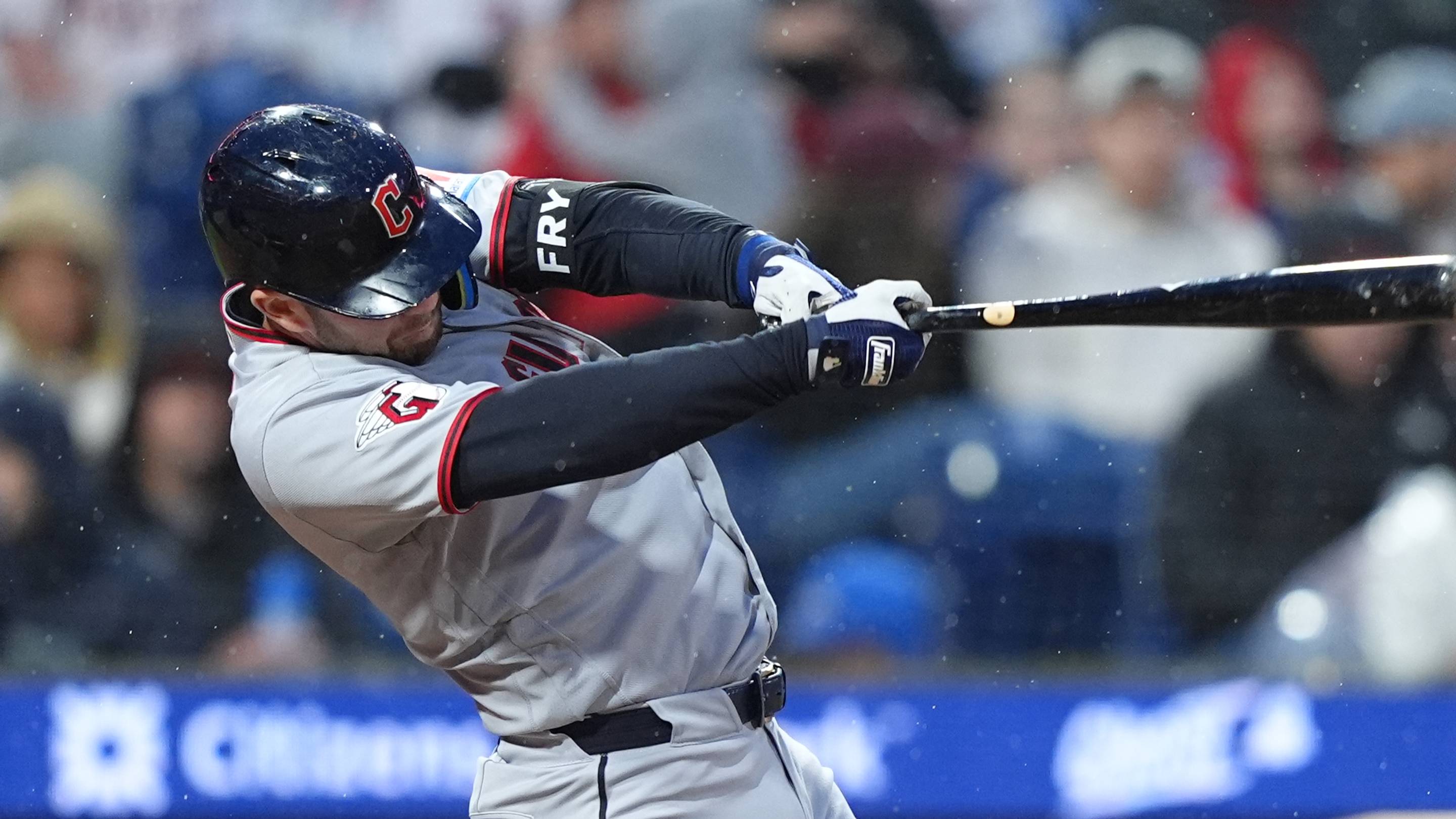 May 22, 2026; Philadelphia, Pennsylvania, USA; Cleveland Guardians catcher David Fry (6) hits a single against the Philadelphia Phillies in the seventh inning at Citizens Bank Park. Mandatory Credit: Kyle Ross-Imagn Images