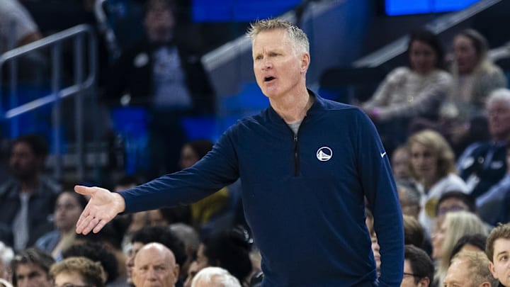 Dec 20, 2025; San Francisco, California, USA; Golden State Warriors head coach Steve Kerr reacts during the first quarter against the Phoenix Suns at Chase Center. Mandatory Credit: John Hefti-Imagn Images