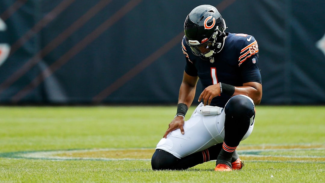 Former Chicago Bears quarterback Justin Fields (1) reacts after a play against the Buffalo Bills during the second half at Soldier Field. The Buffalo Bills won 41-15.