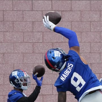 East Rutherford, NJ -- June 11, 2024 -- Wide receiver, Malik Nabers at the NY Giants Mandatory Minicamp at their practice facility in East Rutherford, NJ.