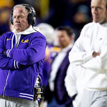 Nov 30, 2024; Baton Rouge, Louisiana, USA;  LSU Tigers head coach Brian Kelly looks on against the Oklahoma Sooners during the second quarter at Tiger Stadium. Mandatory Credit: Stephen Lew-Imagn Images