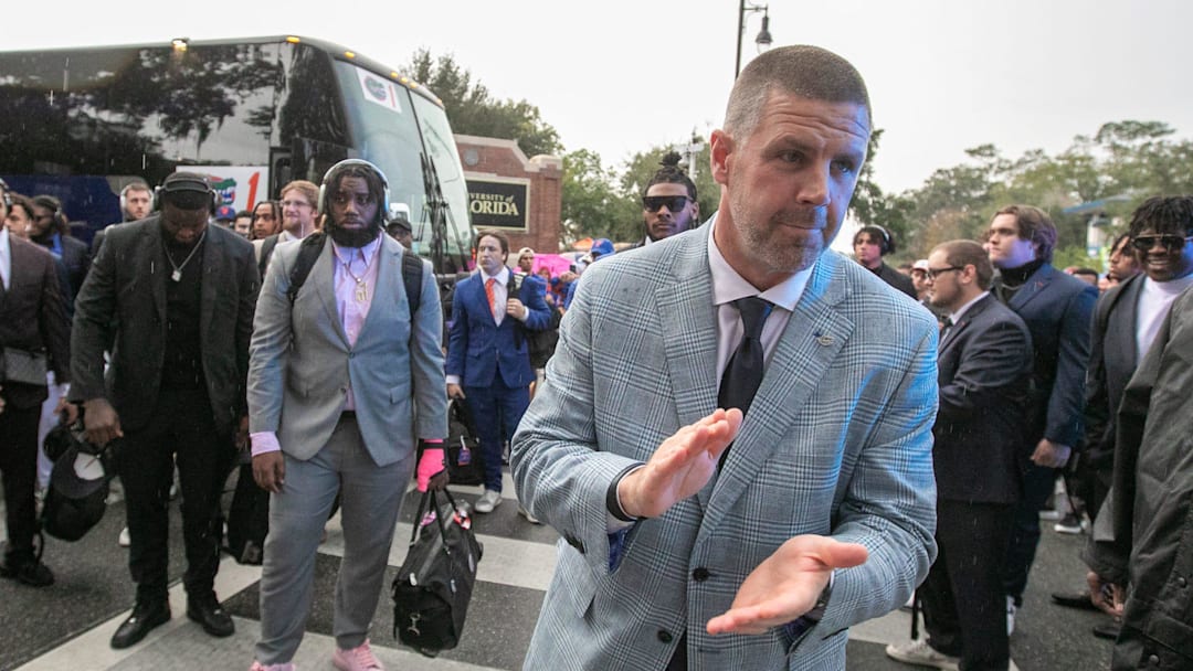 Florida Gators head coach Billy Napier waits for his players during Gator Walk before Florida takes in Florida State at Steve Spurrier Field at Ben Hill Griffin Stadium in Gainesville, FL on Saturday, November 25, 2023. [Alan Youngblood/Gainesville Sun]