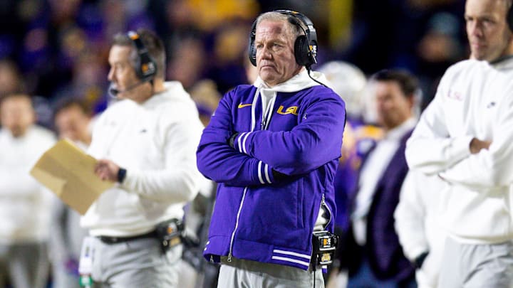 Nov 30, 2024; Baton Rouge, Louisiana, USA; LSU Tigers head coach Brian Kelly looks on against the Oklahoma Sooners during the second quarter at Tiger Stadium. Mandatory Credit: Stephen Lew-Imagn Images Nov 30, 2024; Baton Rouge, Louisiana, USA; LSU Tigers head coach Brian Kelly looks on against the Oklahoma Sooners during the second quarter at Tiger Stadium. Mandatory Credit: Stephen Lew-Imagn Images
