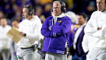 Nov 30, 2024; Baton Rouge, Louisiana, USA;  LSU Tigers head coach Brian Kelly looks on against the Oklahoma Sooners during the second quarter at Tiger Stadium. Mandatory Credit: Stephen Lew-Imagn Images