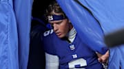 Oct 9, 2025; East Rutherford, New Jersey, USA; New York Giants quarterback Jaxson Dart (6) exits the injury tent during the third quarter against the Philadelphia Eagles at MetLife Stadium. 