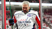 May 10, 2025; Raleigh, North Carolina, USA; Washington Capitals left wing Alex Ovechkin (8) comes off the ice after the warmups before the game against the Carolina Hurricanes in game three of the second round of the 2025 Stanley Cup Playoffs at Lenovo Center. Mandatory Credit: James Guillory-Imagn Images