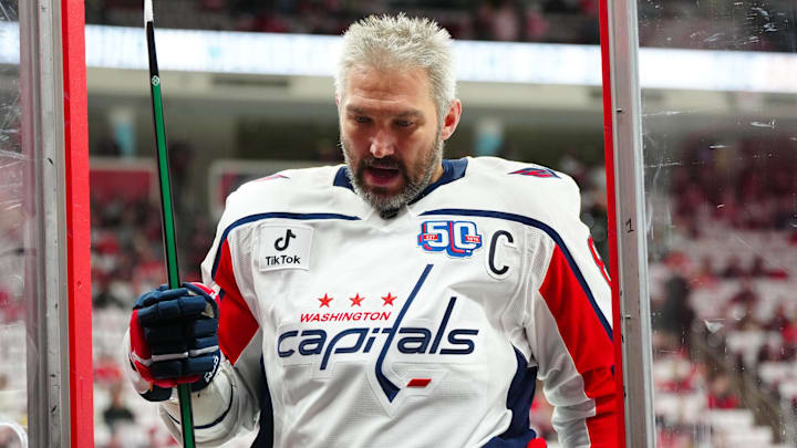 May 10, 2025; Raleigh, North Carolina, USA; Washington Capitals left wing Alex Ovechkin (8) comes off the ice after the warmups before the game against the Carolina Hurricanes in game three of the second round of the 2025 Stanley Cup Playoffs at Lenovo Center. Mandatory Credit: James Guillory-Imagn Images