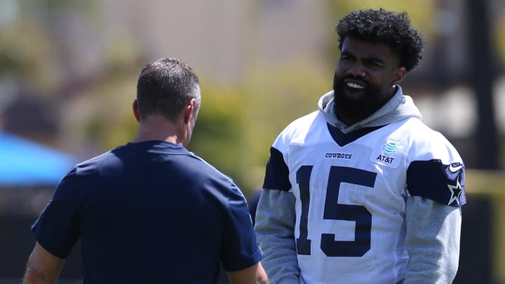 Jul 26, 2024; Oxnard, CA, USA; Dallas Cowboys running back Ezekiel Elliott (15) during training camp at the River Ridge Playing Fields in Oxnard, California.