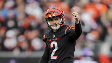 Dec 16, 2023; Cincinnati, Ohio, USA; Cincinnati Bengals place kicker Evan McPherson (2) reacts after a field goal against the Minnesota Vikings in the first half at Paycor Stadium. Mandatory Credit: Katie Stratman-USA TODAY Sports