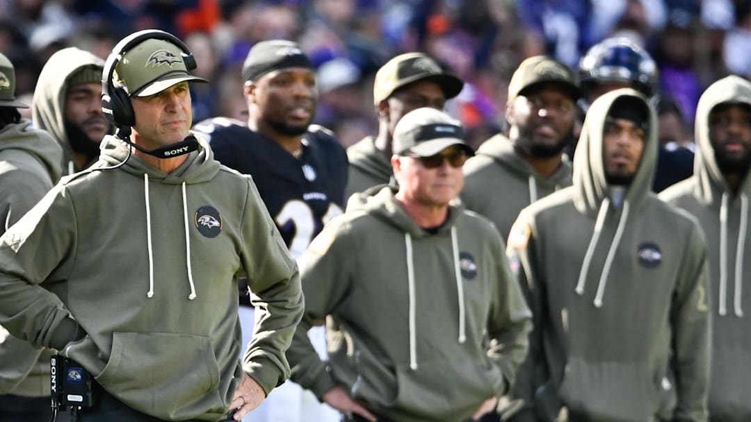 Oct 26, 2025; Baltimore, Maryland, USA;  Baltimore Ravens head coach John Harbaugh looks on during the fourth quarter against the Chicago Bears at M&T Bank Stadium. Mandatory Credit: Tommy Gilligan-Imagn Images