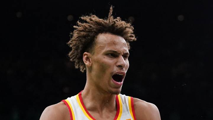 Atlanta Hawks guard Dyson Daniels (5) reacts after defeating the Boston Celtics at TD Garden, Nov 12, 2024.