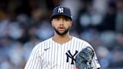 Mar 27, 2025; Bronx, New York, USA; New York Yankees relief pitcher Devin Williams (38) reacts during the ninth inning against the Milwaukee Brewers at Yankee Stadium. Mandatory Credit: Brad Penner-Imagn Images