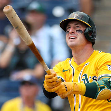 Athletics right fielder Brent Rooker (25) hits a home run against the Tampa Bay Rays in the first inning at George M. Steinbrenner Field.
