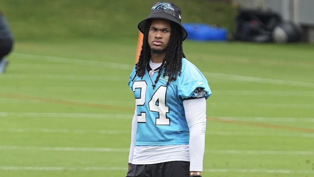 Jun 4, 2024; Charlotte, NC, USA; Rookie Carolina Panthers running back Jonathon Brooks (24) during OTAs. Mandatory Credit: Jim Dedmon-Imagn Images