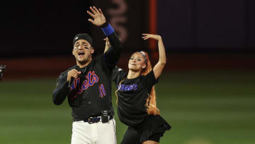 Jun 28, 2024; New York City, New York, USA;  New York Mets third baseman Jose Iglesias (11) performs after the Mets defeated the Houston Astros 7-2 at Citi Field. Mandatory Credit: Wendell Cruz-USA TODAY Sports
