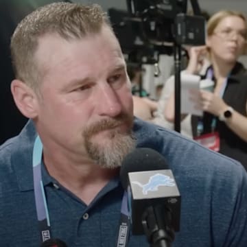 Detroit Lions coach Dan Campbell speaks at the 2025 NFL annual meeting.