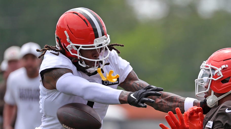 Cleveland Browns cornerback Martin Emerson Jr. breaks up a pass during practice. | Jeff Lange / USA TODAY NETWORK via Imagn Images