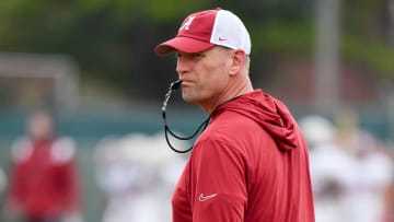 Mar 21, 2024; Tuscaloosa, Alabama, USA; Alabama head coach Kalen DeBoer watches his offensive line go through drills during practice at the University Alabama Thursday.