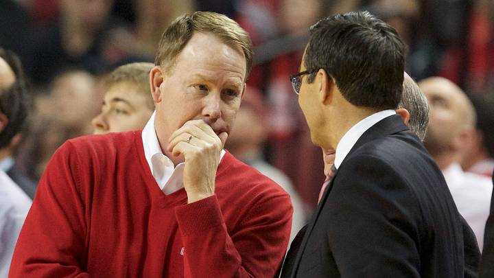 Mar 5, 2017; Lincoln, NE, USA; Nebraska Cornhuskers athletic director Shawn Eichorst talks to head coach Tim Miles prior o the game against the Michigan Wolverines in the first half at Pinnacle Bank Arena. Mandatory Credit: Bruce Thorson-USA TODAY Sports