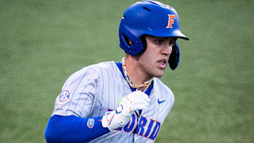 Florida Gators outfielder Kyle Jones (3) runs for first base in the fourth inning as the Texas Longhorns take on the Florida Gators in Austin, May 9, 2025.