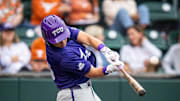 TCU Horned Frogs outfielder Chase Brunson (15) bats in the third inning of the Texas LonghornsÕ game against the TCU Horned Frogs at UFCU Disch-Falk Field, Friday, April 19, 2024.