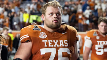 Dec 21, 2024; Austin, Texas, USA; Texas Longhorns offensive lineman Hayden Conner (76) against the Clemson Tigers during the CFP National playoff first round at Darrell K Royal-Texas Memorial Stadium. Mandatory Credit: Mark J. Rebilas-Imagn Images