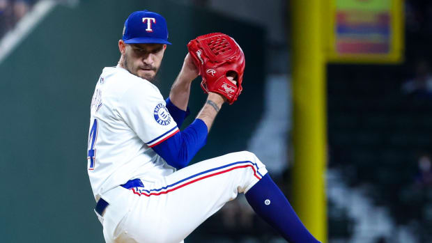Jun 19, 2024; Arlington, Texas, USA; Texas Rangers starting pitcher Andrew Heaney (44) throws during the first inning against the New York Mets at Globe Life Field. Mandatory Credit: Kevin Jairaj-USA TODAY Sports