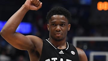 Mar 15, 2024; Nashville, TN, USA; Mississippi State Bulldogs guard Josh Hubbard (13) celebrates after a win against the Tennessee Volunteers at Bridgestone Arena. Mandatory Credit: Christopher Hanewinckel-Imagn Images