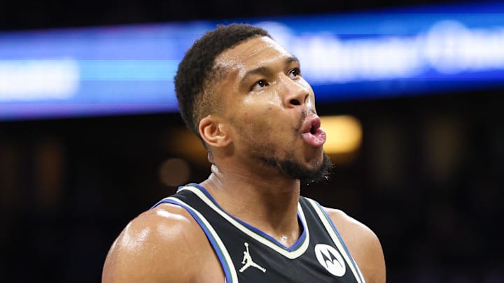 Milwaukee Bucks forward Giannis Antetokounmpo (34) reacts after a play against the Orlando Magic in the first quarter at Kia Center on January 10, 2025.