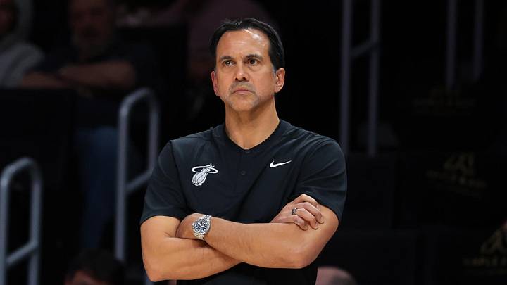 Miami Heat head coach Erik Spoelstra looks on (Mandatory Credit: Sam Navarro-Imagn Images)