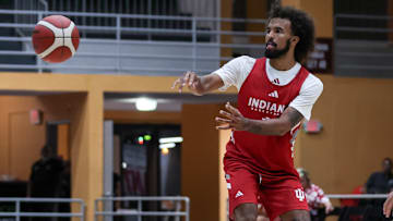 Indiana basketball guard Tayton Conerway makes a pass Aug. 6, 2025, in Puerto Rico. The Hoosiers won 98-47.