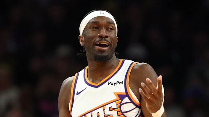 Feb 5, 2026; Phoenix, Arizona, USA; Phoenix Suns center Mark Williams (15) reacts against the Golden State Warriors in the first half at Mortgage Matchup Center. Mandatory Credit: Mark J. Rebilas-Imagn Images