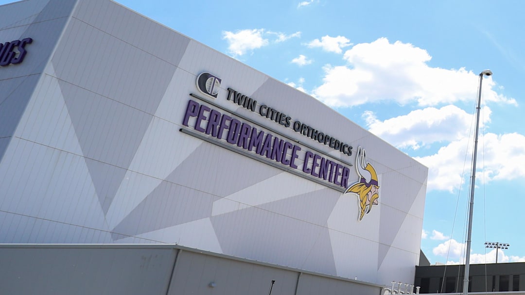 Jun 8, 2022; Minneapolis, Minnesota, USA; Minnesota Vikings offensive linemen perform drills during mandatory mini camp at TCO Performance Center. Mandatory Credit: Matt Krohn-Imagn Images