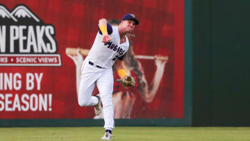 Fort Myers Mighty Mussels outfielder Walker Jenkins (27) throws a ball to the infield during the second inning of a game against the Tampa Tarpons at Hammond Stadium in Fort Myers on Friday, June 28, 2024.